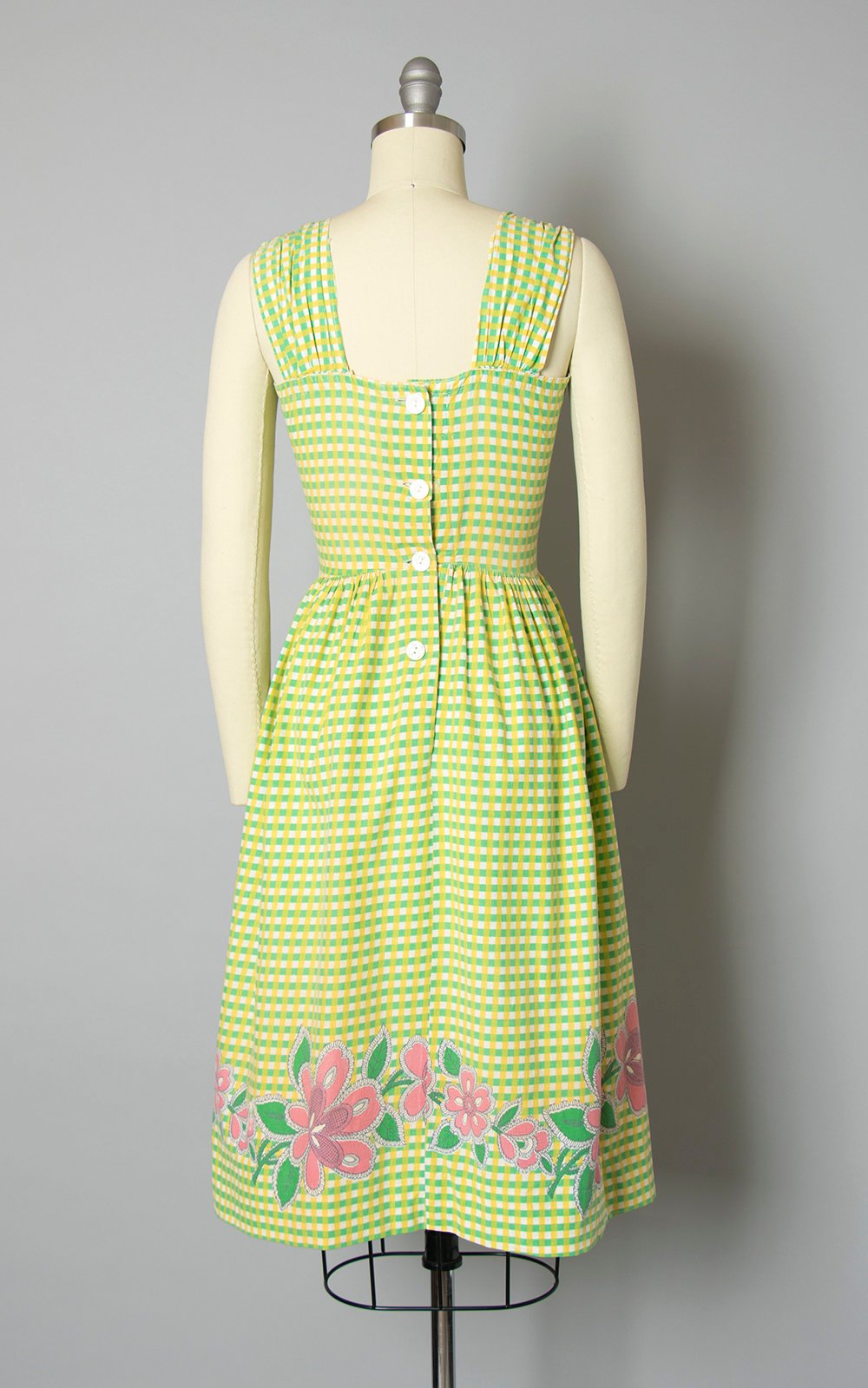 1940s Floral Border Print Gingham Green Cotton Sundress | x-small Birthday Life Vintage 1940s Floral Border Print Gingham Green Cotton Sundress | x-small Birthday Life Vintage