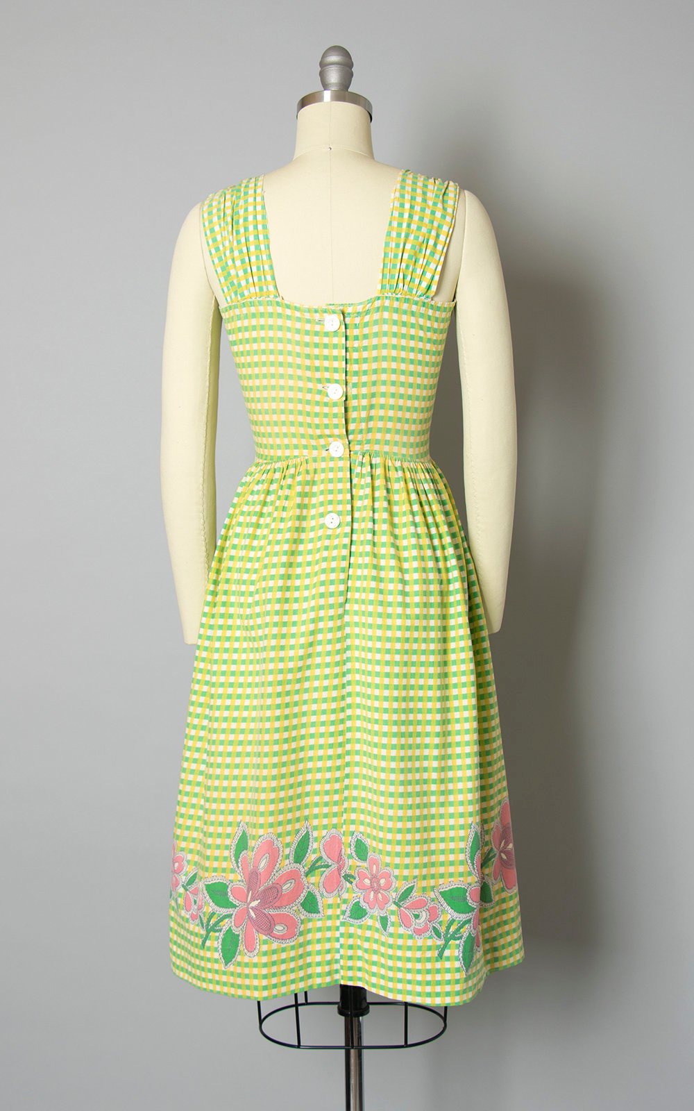 Vintage 1940s Dress | 40s Floral Border Print Gingham Cotton Sundress Green Yellow Full Skirt Day Dress with Pocket (x-small)