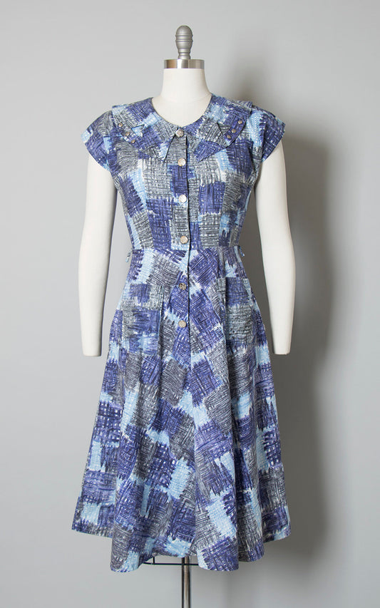 Vintage 1940s 1950s Dress | 40s 50s Blue Cotton Patchwork Printed Shirtwaist Day Dress with Pockets (small/medium)