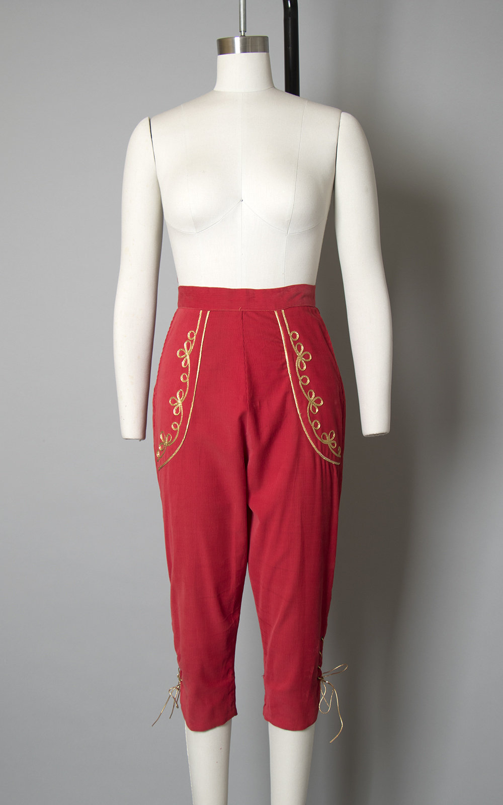 Vintage 1950s Capris | 50s Red Corduroy Gold Lace Up Pedal Pushers Matador High Waisted Pants (x-small/small)