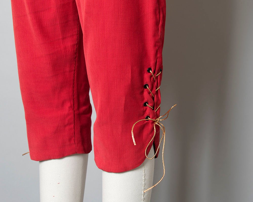 Vintage 1950s Capris | 50s Red Corduroy Gold Lace Up Pedal Pushers Matador High Waisted Pants (x-small/small)