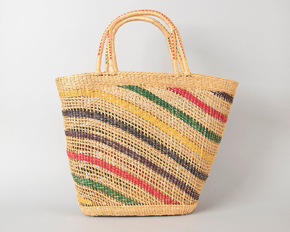 Vintage 1950s Purse | 50s Striped Woven Straw Wicker Big Beach Bag