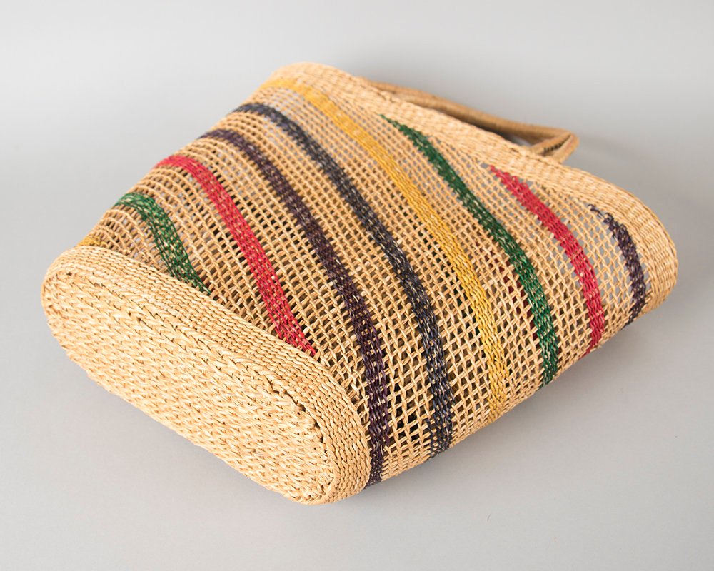 Vintage 1950s Purse | 50s Striped Woven Straw Wicker Big Beach Bag