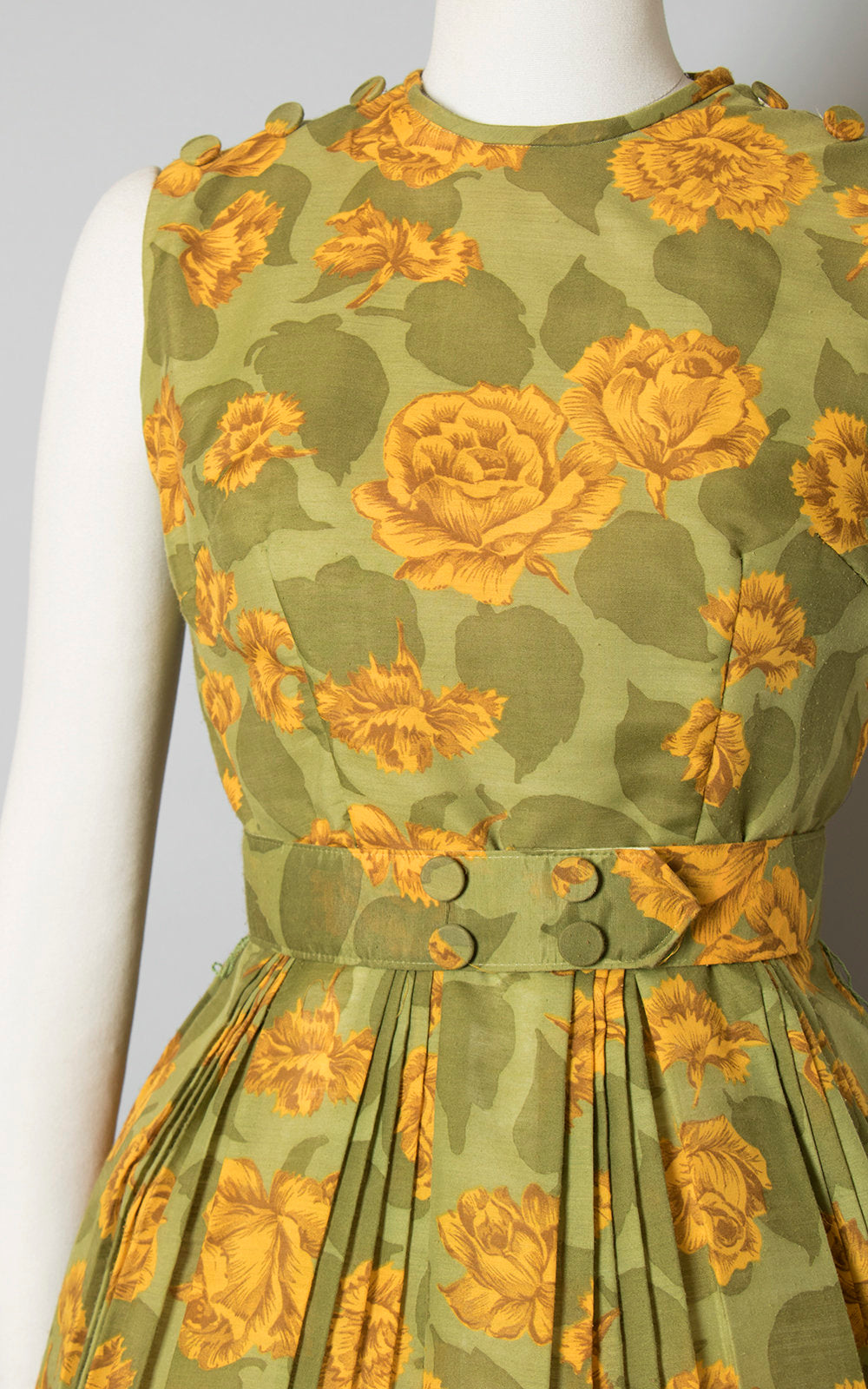 Vintage 1960s Dress | 60s Rose Floral Print Sundress Cotton Yellow Green Pleated Full Skirt Matching Belt Day Dress (small)