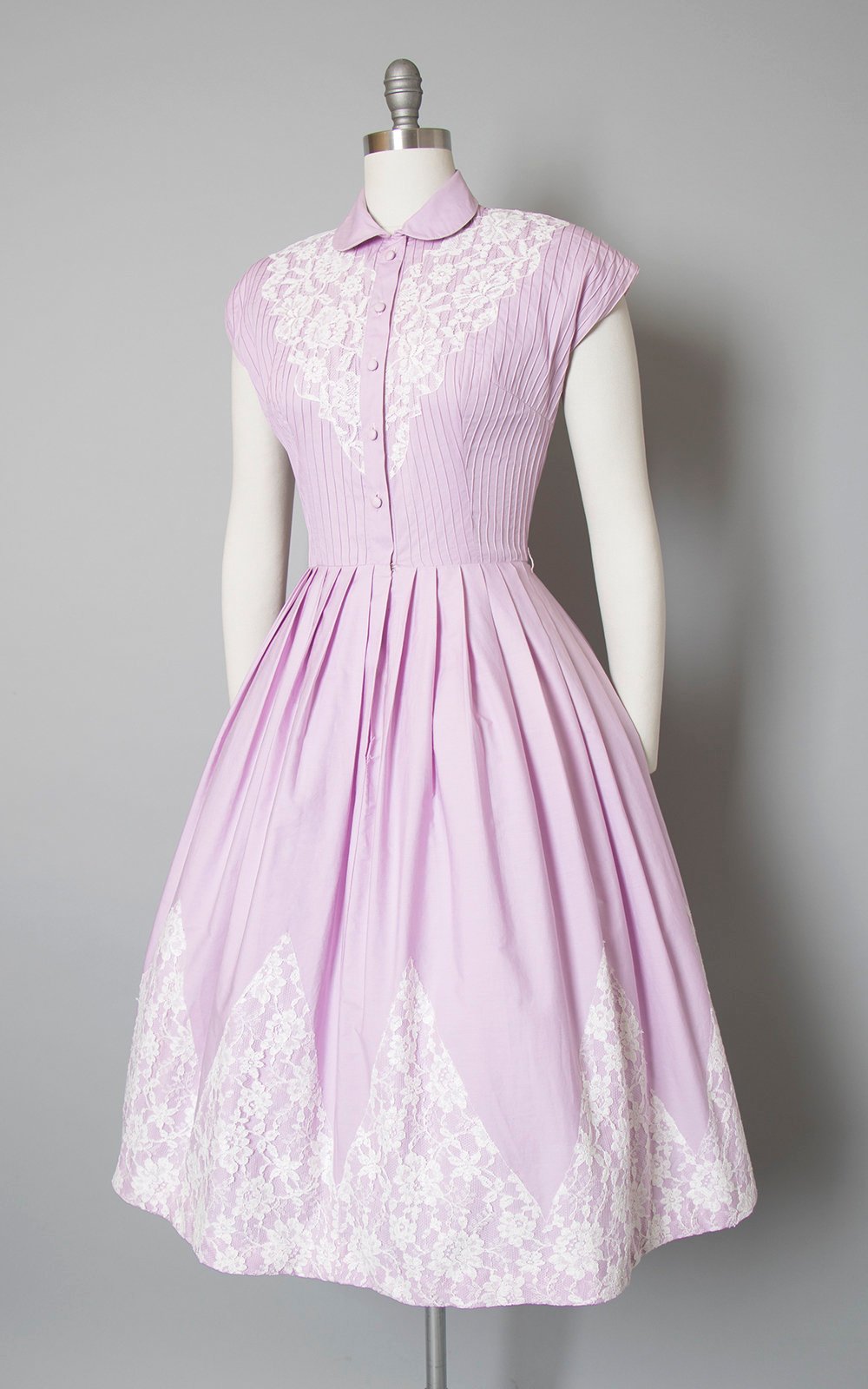 Vintage 1950s Dress | 50s Lavender Purple Pintuck Cotton White Zig-Zag Lace Border Full Skirt Shirtwaist Day Dress (small)