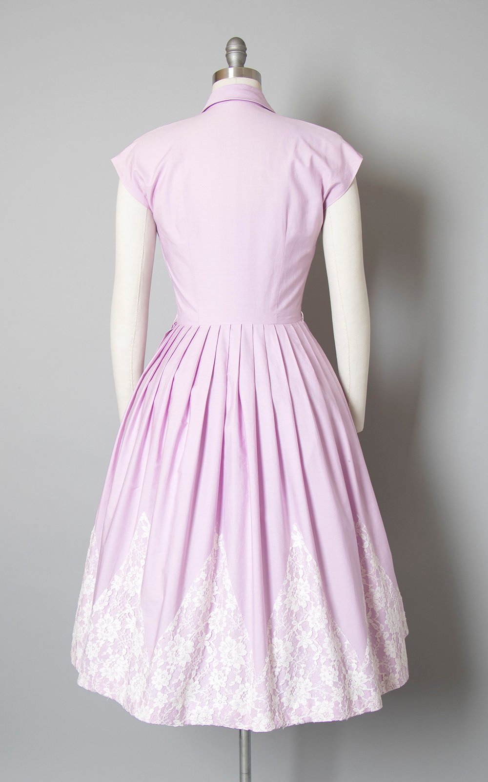 Vintage 1950s Dress | 50s Lavender Purple Pintuck Cotton White Zig-Zag Lace Border Full Skirt Shirtwaist Day Dress (small)