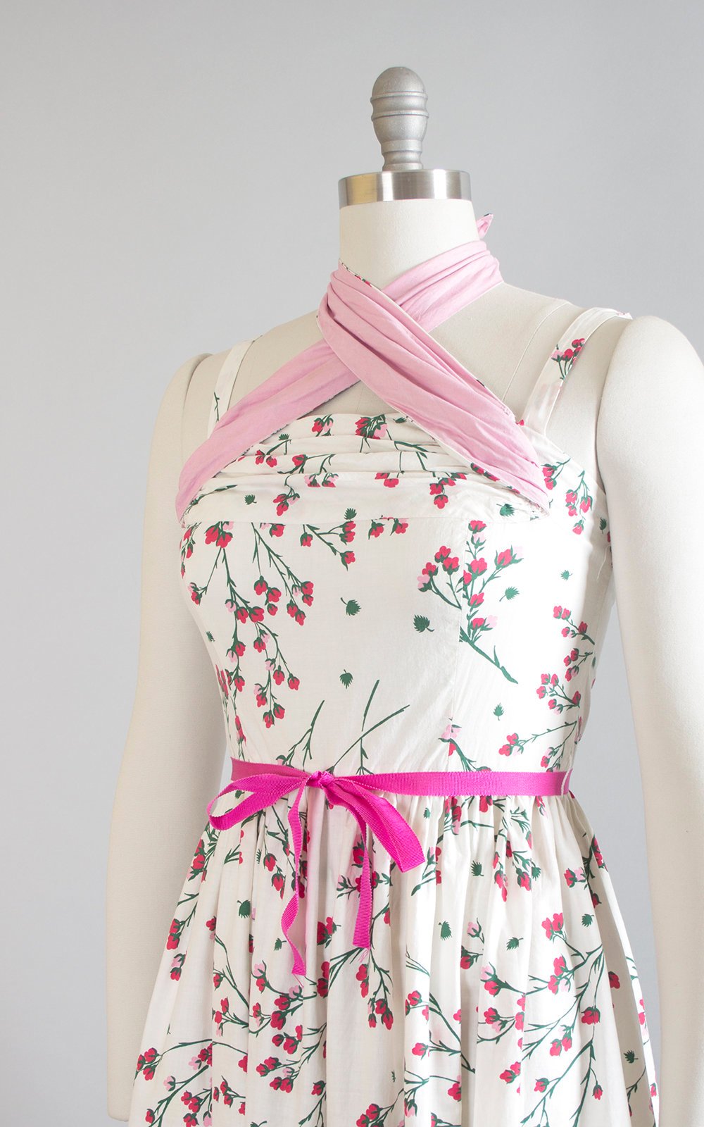 Vintage 1950s Dress | 50s Cherry Blossom Floral Print Cotton Sundress Criss Cross Halter White Pink Full Skirt Day Dress (small)