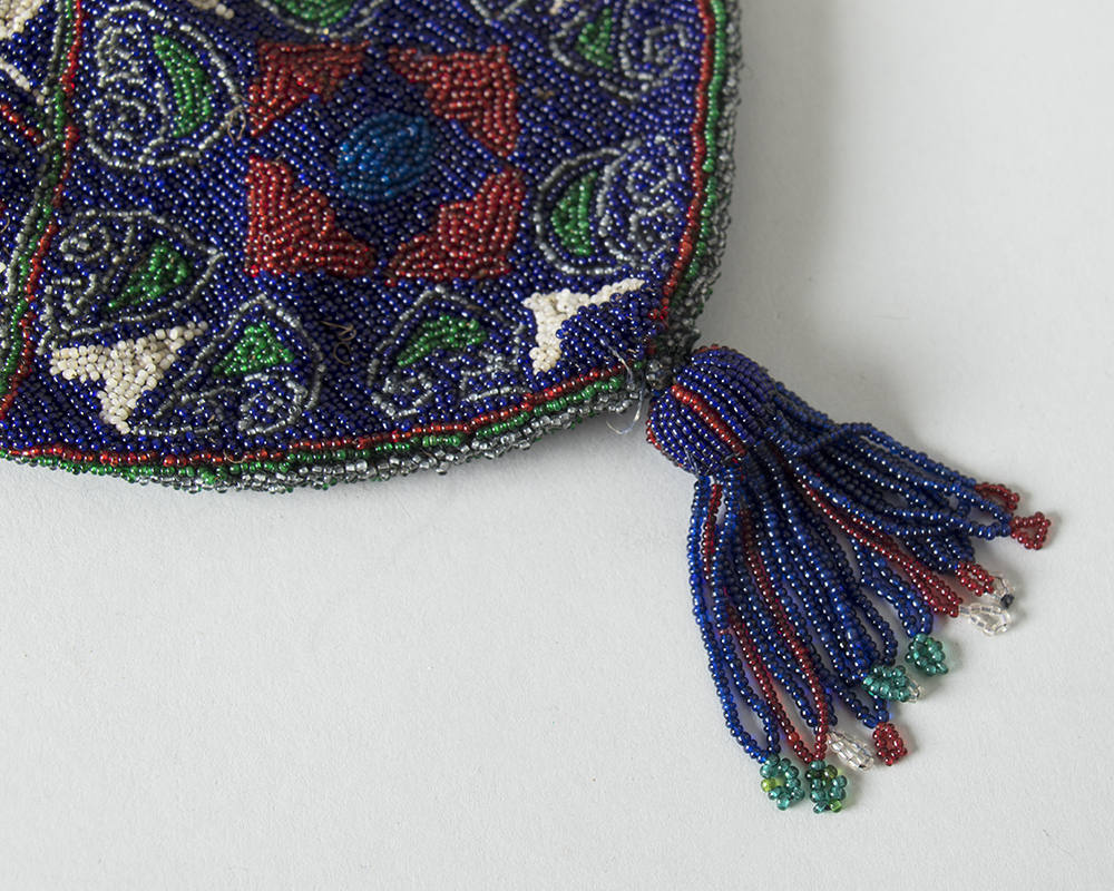 Antique Victorian Handbag | 1900s 1910s 1920s Micro Beaded Reticule Glass Beads Blue Fringe Drawstring Art Deco Flapper Purse