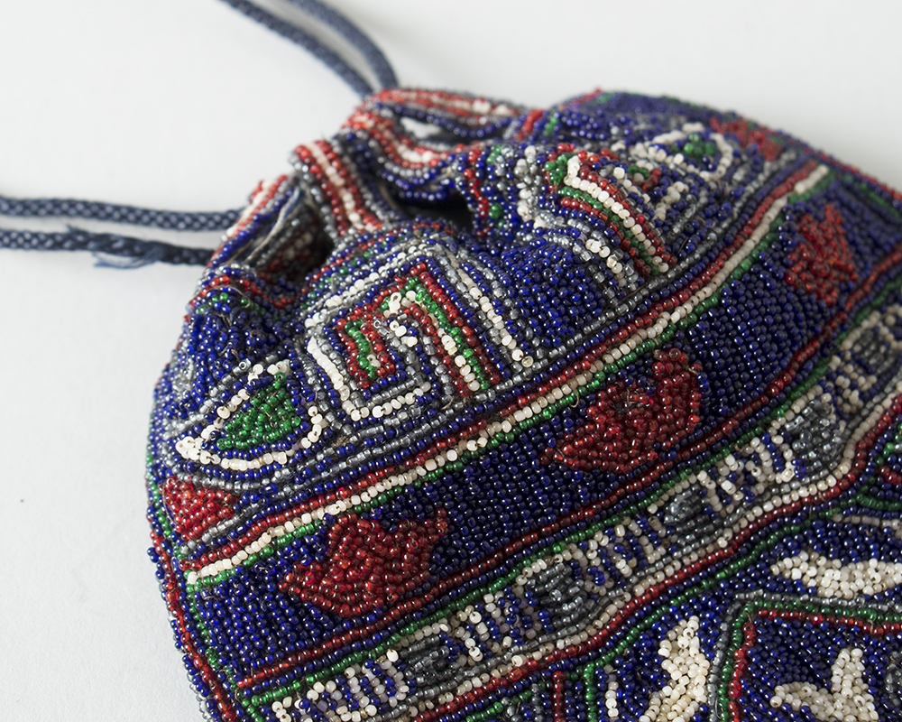 Antique Victorian Handbag | 1900s 1910s 1920s Micro Beaded Reticule Glass Beads Blue Fringe Drawstring Art Deco Flapper Purse