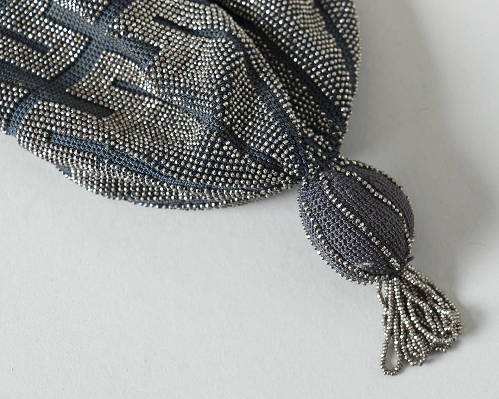 Antique Victorian Handbag | 1900s 1910s 1920s Micro Beaded Reticule French Cut Steel Silver Crochet Fringe Drawstring Pouch Flapper Purse