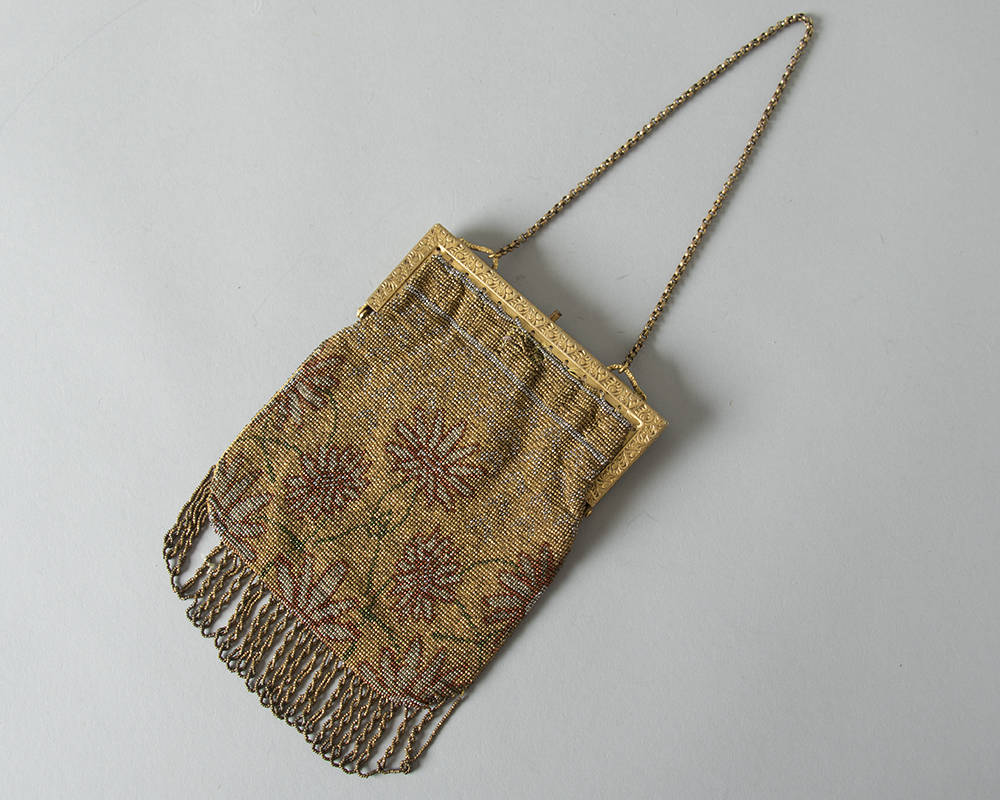 Antique Victorian Handbag | 1900s 1910s 1920s Micro Beaded Floral French Cut Steel Gold Metal Frame w/ Fringe and Mirror Flapper Purse