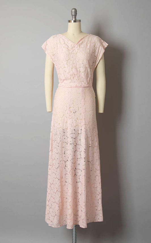 Vintage 1930s Gown | 30s Sheer Cotton Lace Light Pink Full Length Wedding Bridesmaid Tea Dress (small)