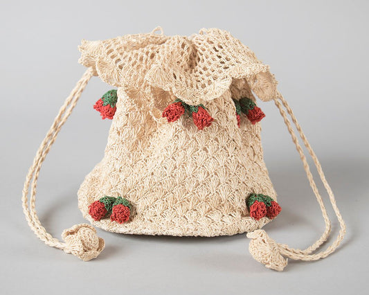 Vintage 1940s Purse | 40s Strawberry Floral Novelty Crochet Straw Drawstring Handbag