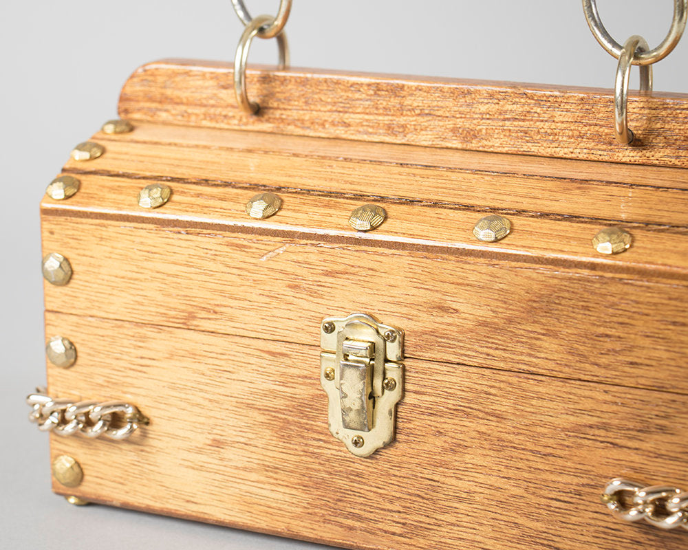 Vintage 1960s Box Purse | 60s Metal Studded Wood Handbag Treasure Chest Purse