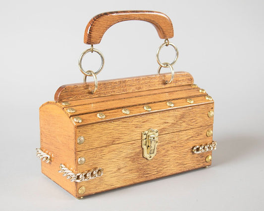 Vintage 1960s Box Purse | 60s Metal Studded Wood Handbag Treasure Chest Purse