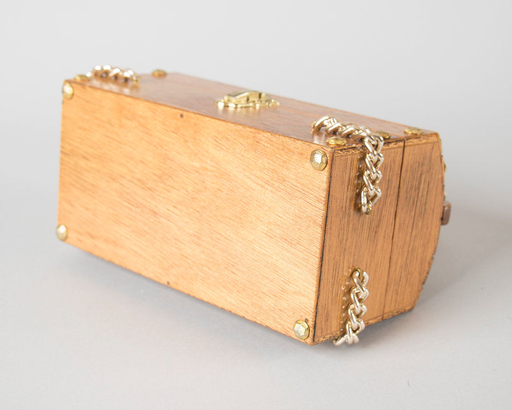 Vintage 1960s Box Purse | 60s Metal Studded Wood Handbag Treasure Chest Purse