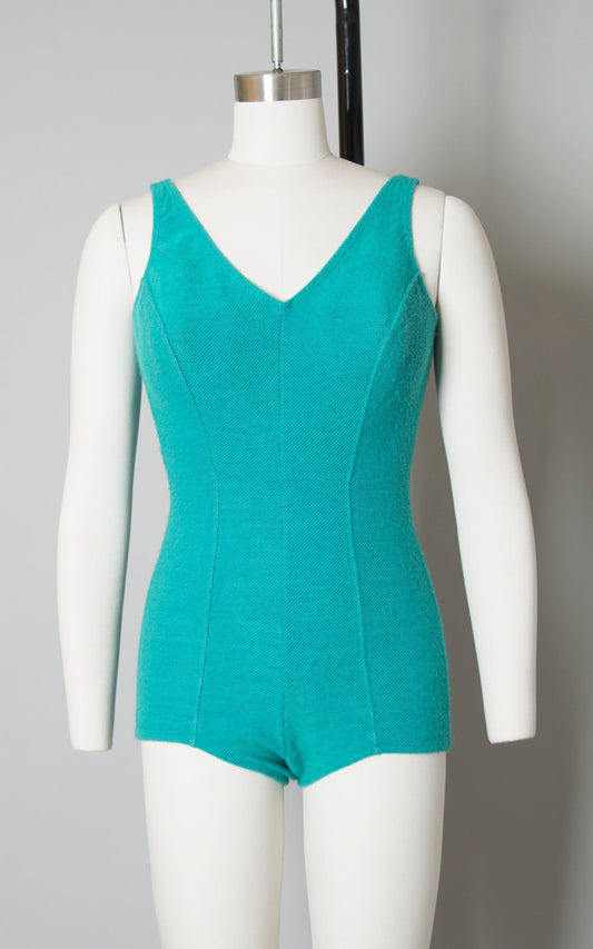 Vintage 1960s Swimsuit | 60s JANTZEN Aqua Teal Knit One Piece Open Back Bathing Suit (small/medium)
