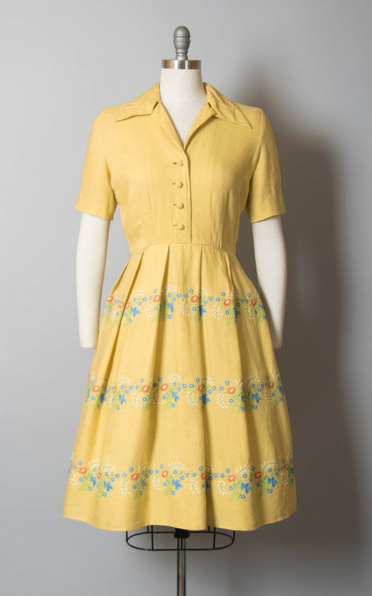 Vintage 1940s Dress | 40s Floral Embroidered Yellow Linen Shirtwaist Pleated Full Skirt Day Dress (small)