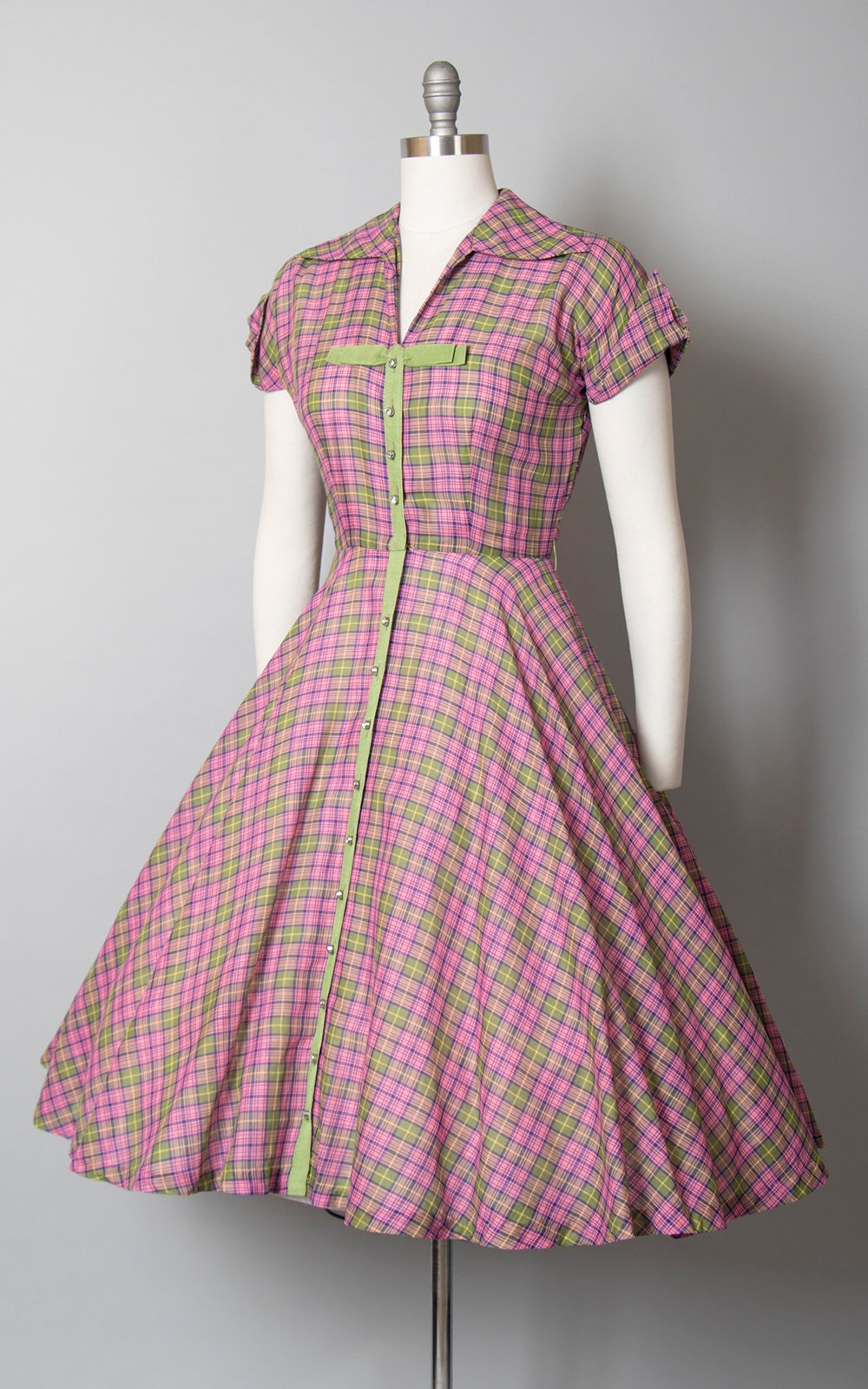 Vintage 1950s Dress | 50s Plaid Cotton Shirtwaist Pink Green Tartan Rhinestone Buttons Circle Skirt Day Dress (small)