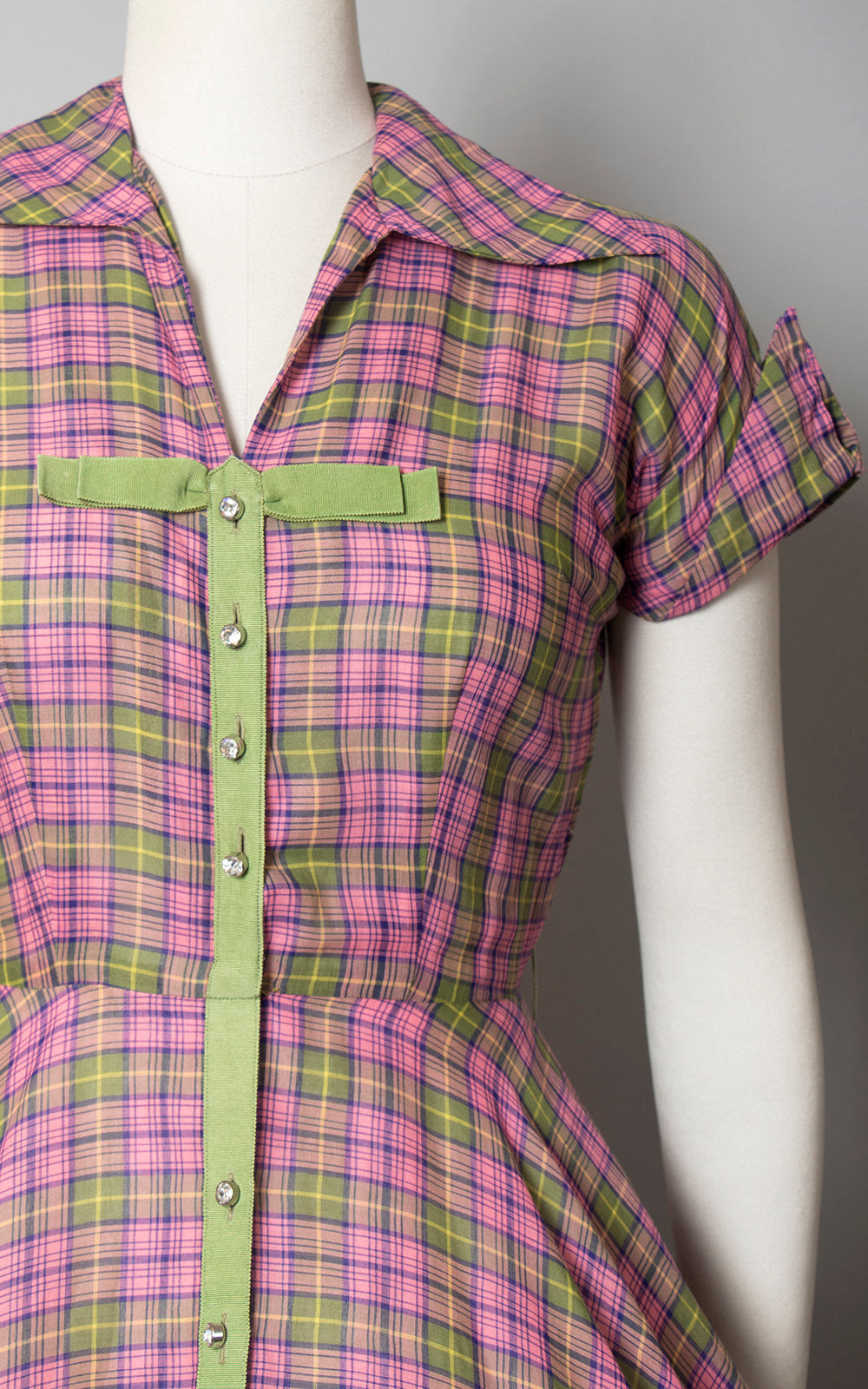 1950s Plaid Cotton Rhinestone Button Shirt Dress | small Birthday Life Vintage 1950s Plaid Cotton Rhinestone Button Shirt Dress | small Birthday Life Vintage