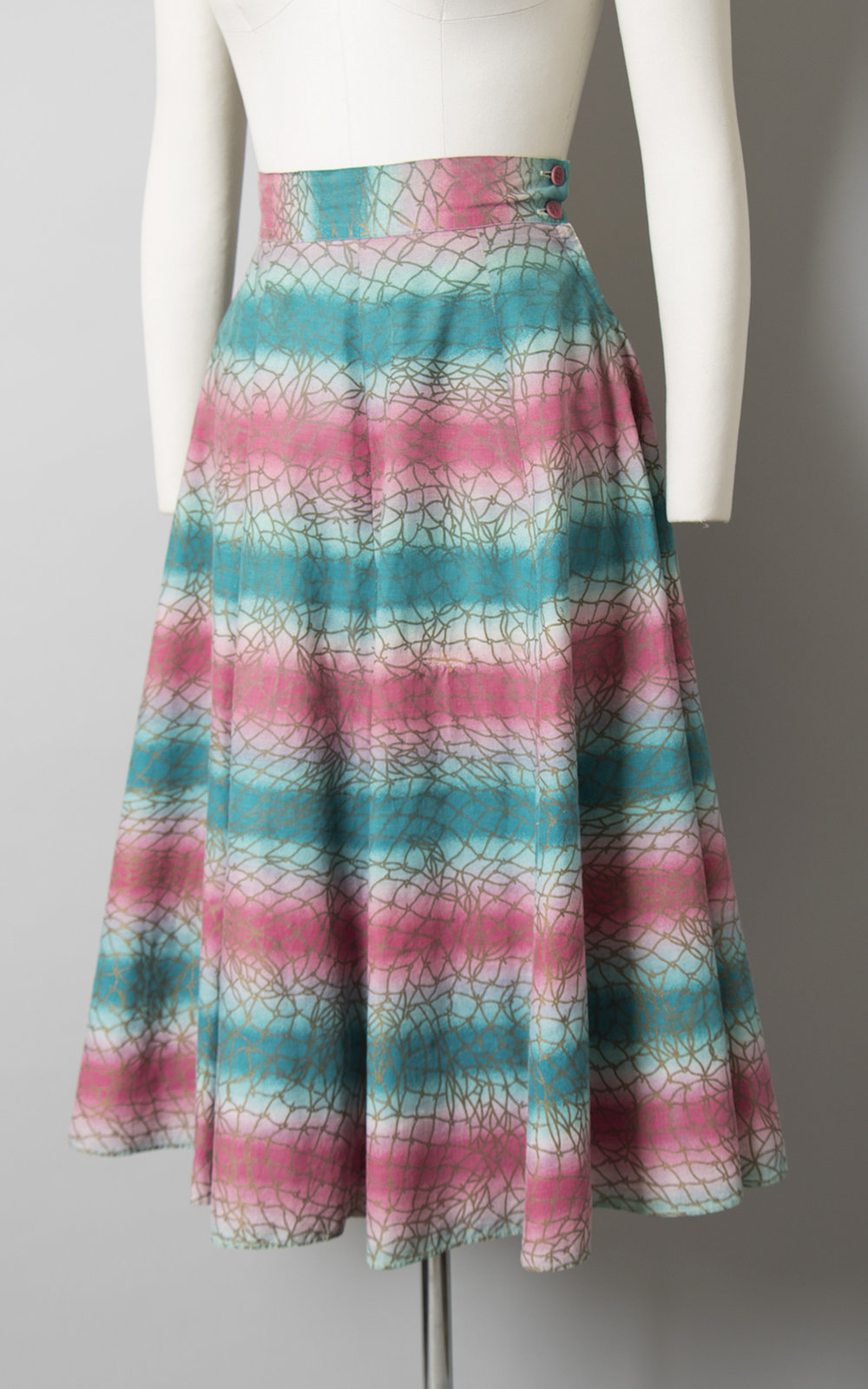 Vintage 1940s 1950s Skirt | 40s 50s Ombré Striped Cotton Pink Teal Metallic Gold Printed Full Swing Skirt (small)