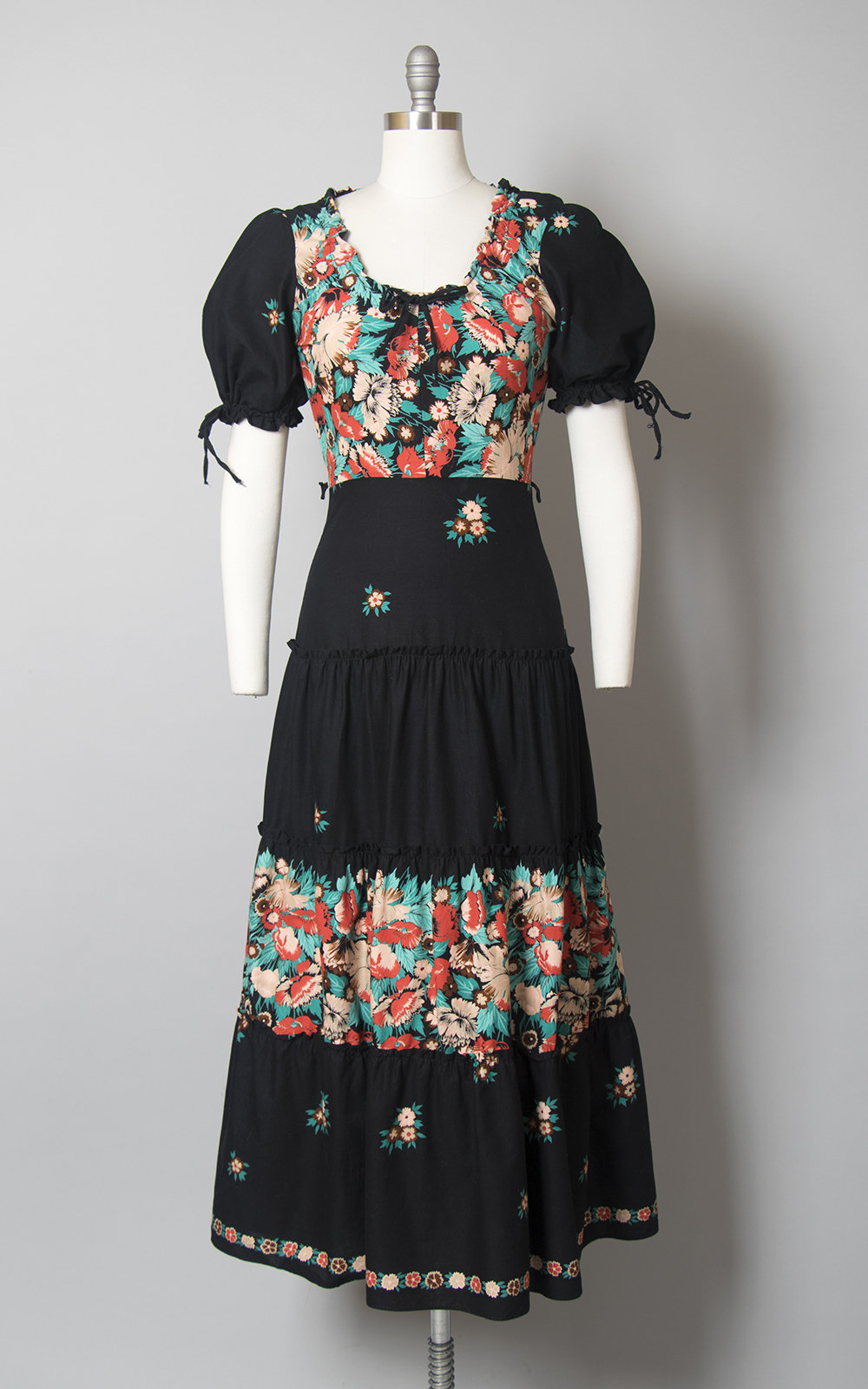 Vintage 1970s Dress | 70s Black Floral Cotton Puff Sleeve Tiered Maxi Peasant Dress (small/medium)