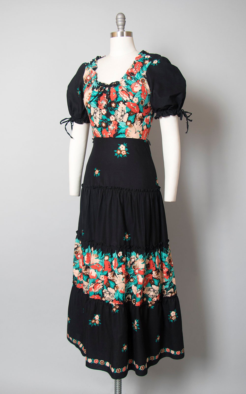 Vintage 1970s Dress | 70s Black Floral Cotton Puff Sleeve Tiered Maxi Peasant Dress (small/medium)