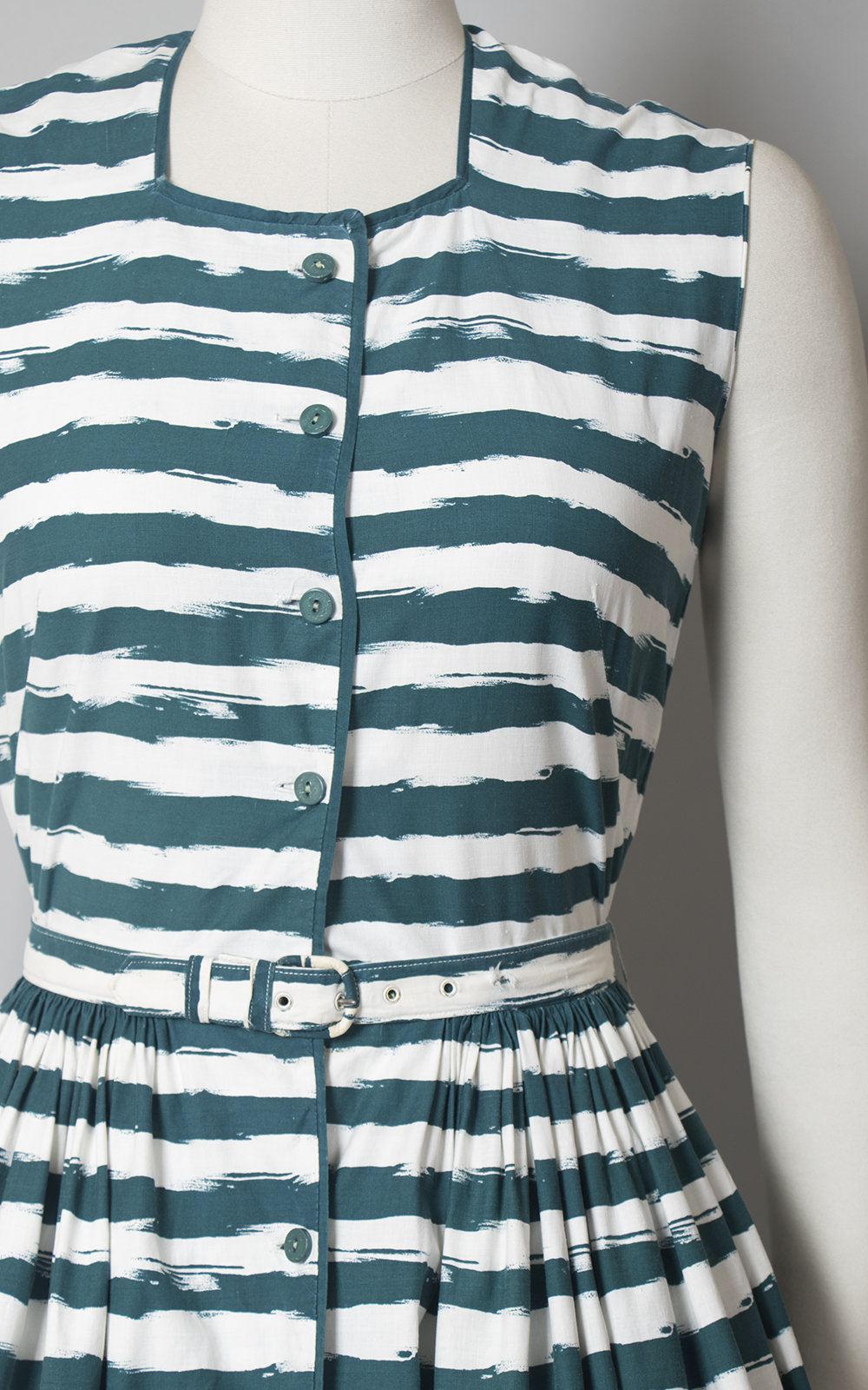 Vintage 1950s Dress | 50s HORROCKSES Striped Cotton Sundress Teal White Full Skirt Shirtwaist Day Dress (small)