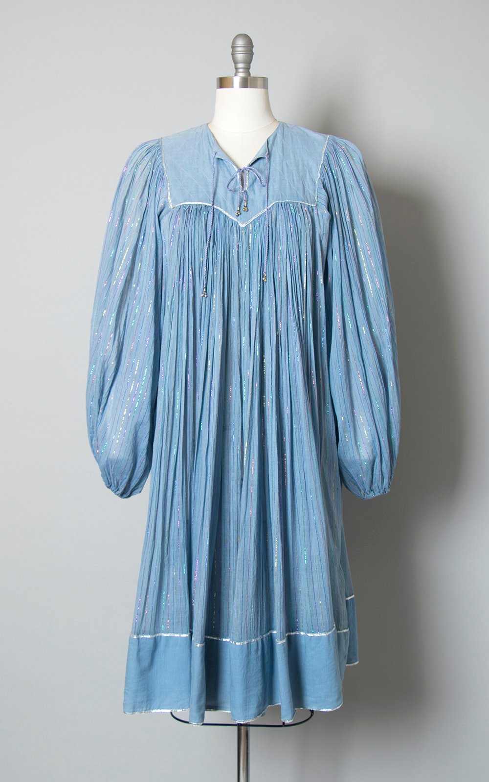 Vintage 1970s Dress | 70s KAISER India Cotton Gauze Metallic Striped Light Blue Sheer Long Sleeve Boho Dress (small/medium/large)