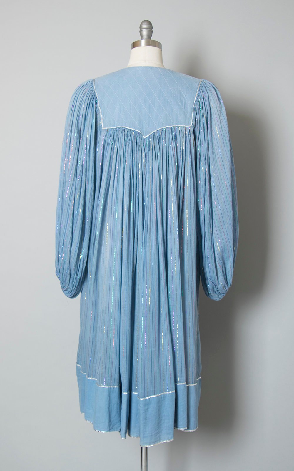 Vintage 1970s Dress | 70s KAISER India Cotton Gauze Metallic Striped Light Blue Sheer Long Sleeve Boho Dress (small/medium/large)