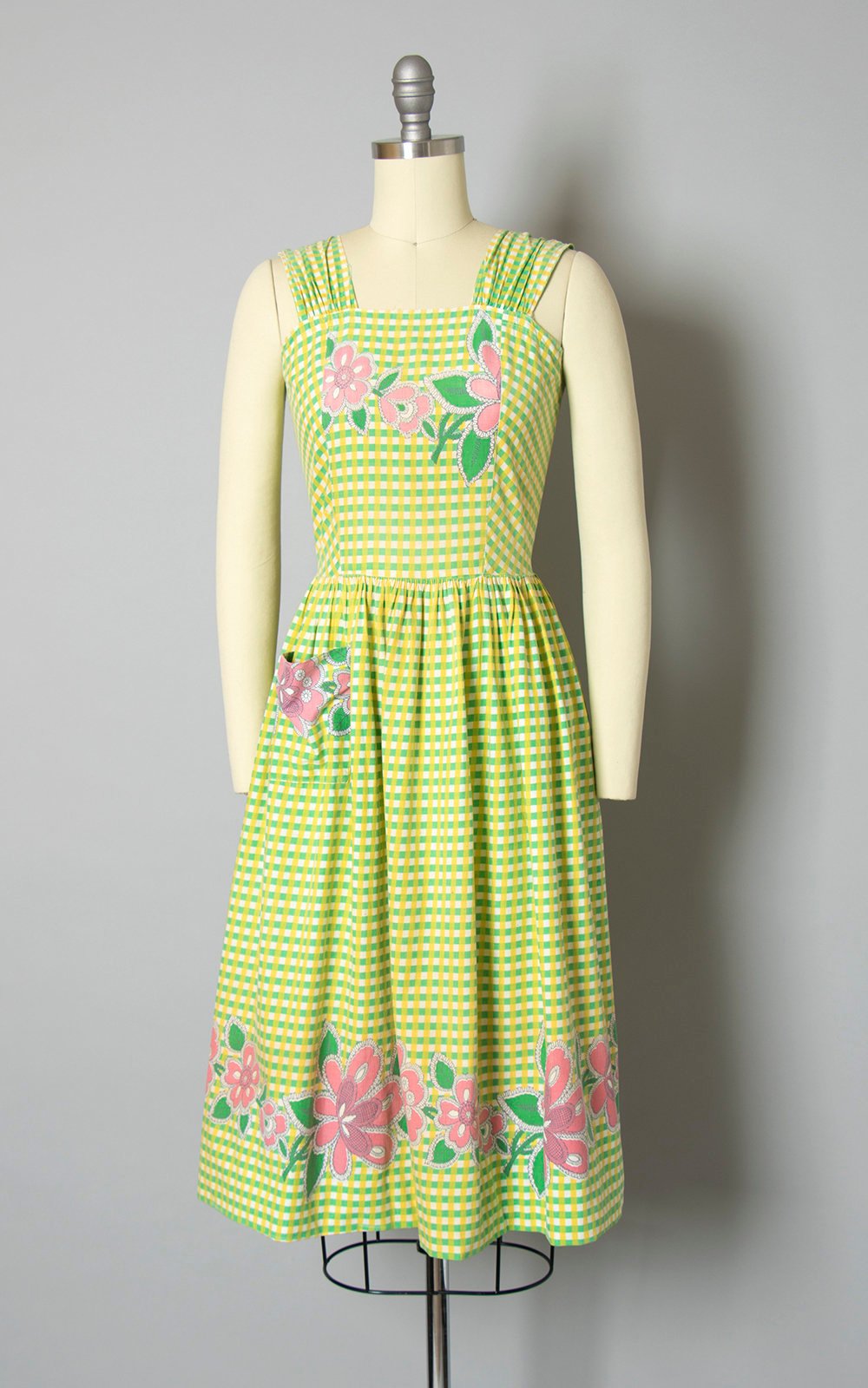 Vintage 1940s Dress | 40s Floral Border Print Gingham Cotton Sundress Green Yellow Full Skirt Day Dress with Pocket (x-small)
