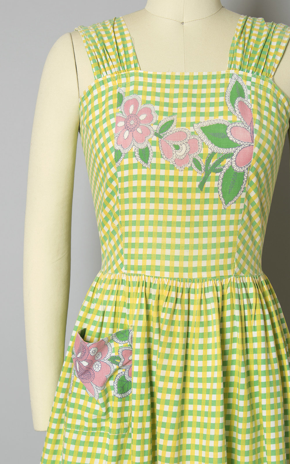 Vintage 1940s Dress | 40s Floral Border Print Gingham Cotton Sundress Green Yellow Full Skirt Day Dress with Pocket (x-small)