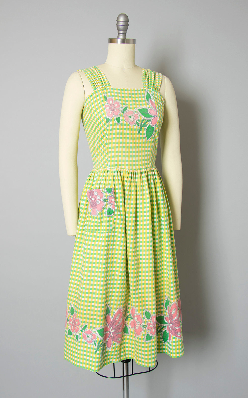 Vintage 1940s Dress | 40s Floral Border Print Gingham Cotton Sundress Green Yellow Full Skirt Day Dress with Pocket (x-small)