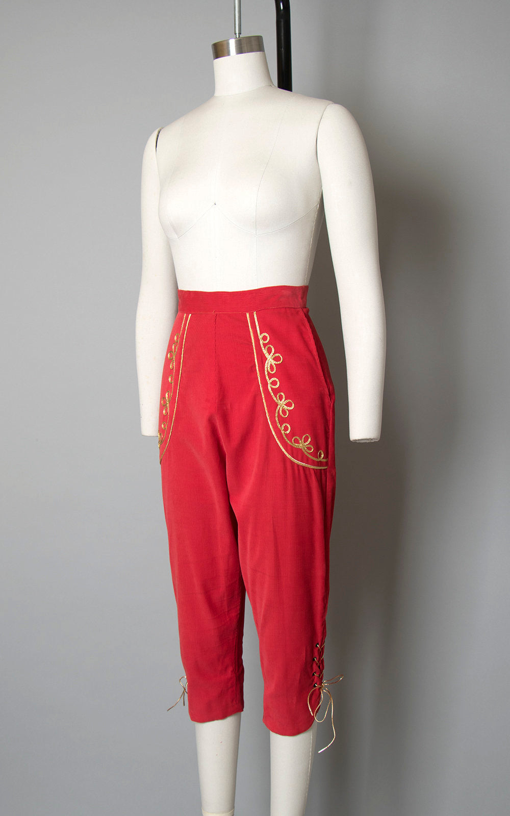 Vintage 1950s Capris | 50s Red Corduroy Gold Lace Up Pedal Pushers Matador High Waisted Pants (x-small/small)