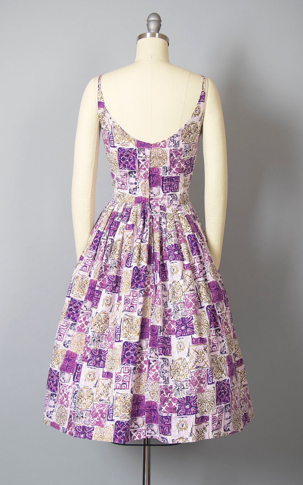Vintage 1950s Dress | 50s Hawaiian Cotton Sun Dress Tiki Print Sundress Purple Metallic Gold Spaghetti Strap Full Skirt Day Dress (small)