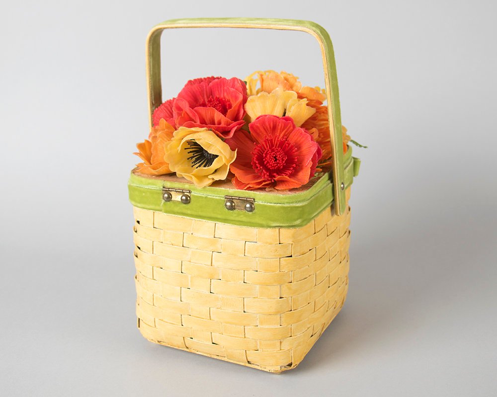 Vintage 1960s Box Purse | 60s Floral Woven Wicker Handbag Velvet Bow Top Handle Bag
