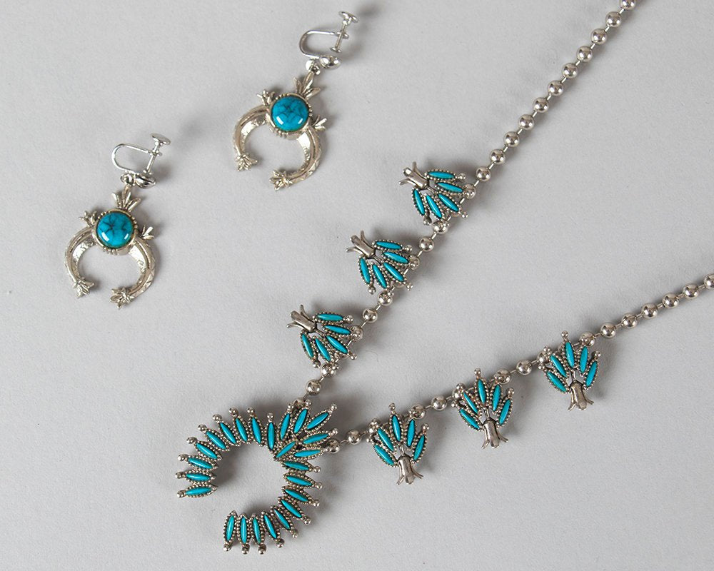 Vintage 1970s Jewelry | 70s ART Signed Squash Blossom Faux Turquoise Silver Stone Beaded Boho Necklace Screwback Earrings Set