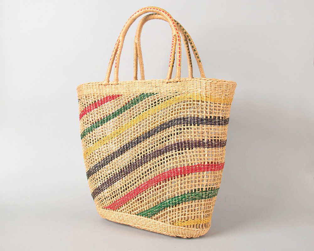 Vintage 1950s Purse | 50s Striped Woven Straw Wicker Big Beach Bag