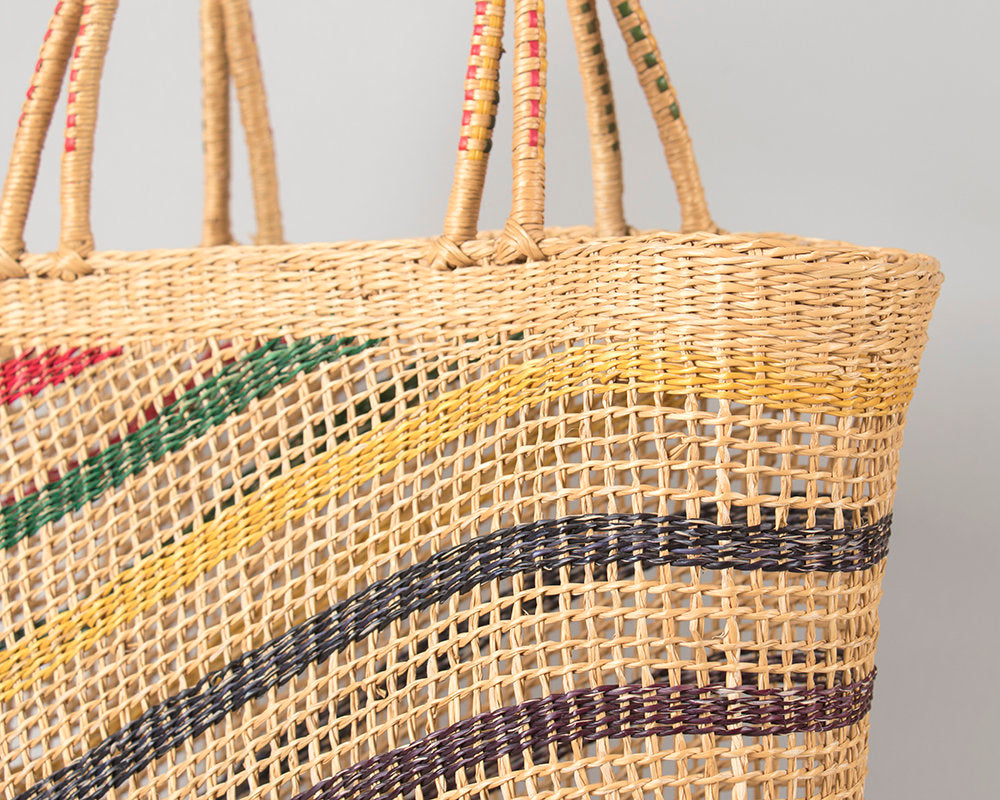 Vintage 1950s Purse | 50s Striped Woven Straw Wicker Big Beach Bag