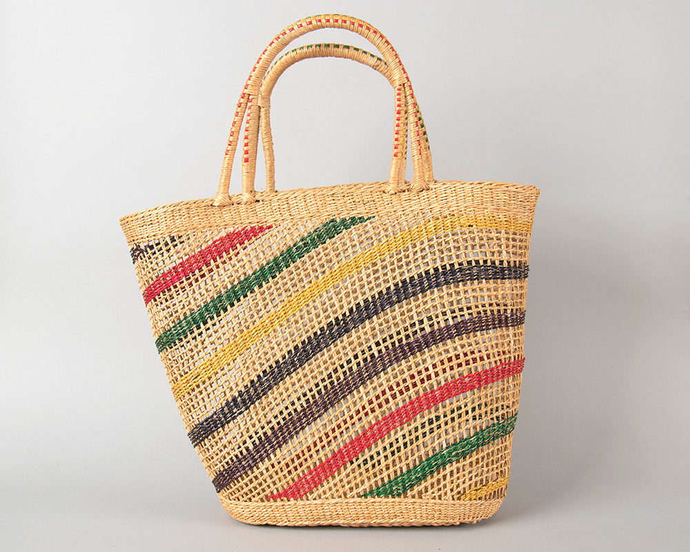 Vintage 1950s Purse | 50s Striped Woven Straw Wicker Big Beach Bag