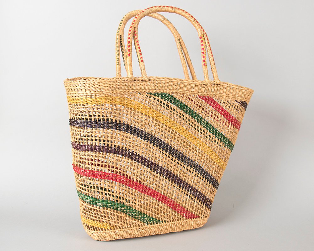 Vintage 1950s Purse | 50s Striped Woven Straw Wicker Big Beach Bag