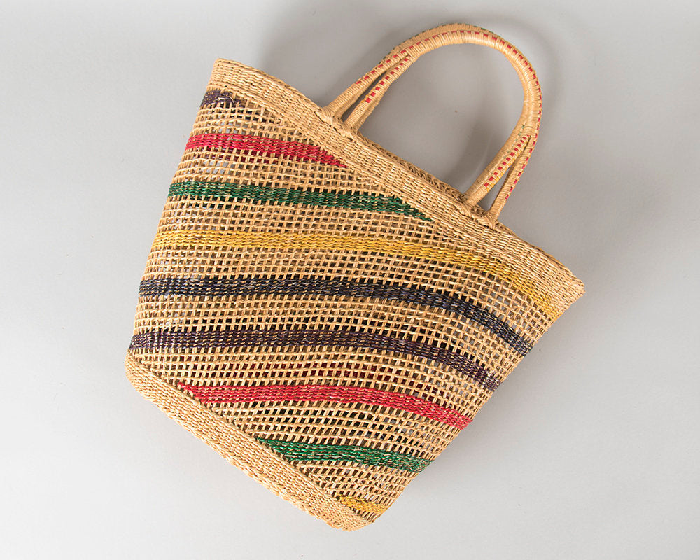 Vintage 1950s Purse | 50s Striped Woven Straw Wicker Big Beach Bag