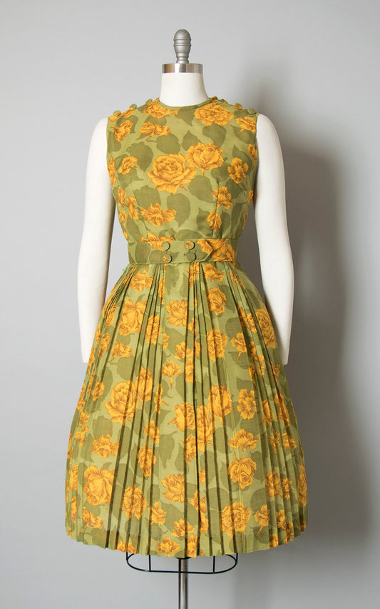 Vintage 1960s Dress | 60s Rose Floral Print Sundress Cotton Yellow Green Pleated Full Skirt Matching Belt Day Dress (small)