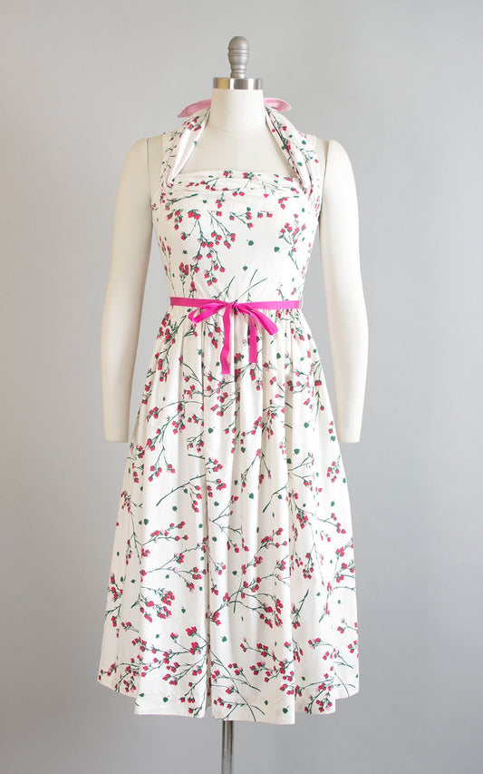 Vintage 1950s Dress | 50s Cherry Blossom Floral Print Cotton Sundress Criss Cross Halter White Pink Full Skirt Day Dress (small)