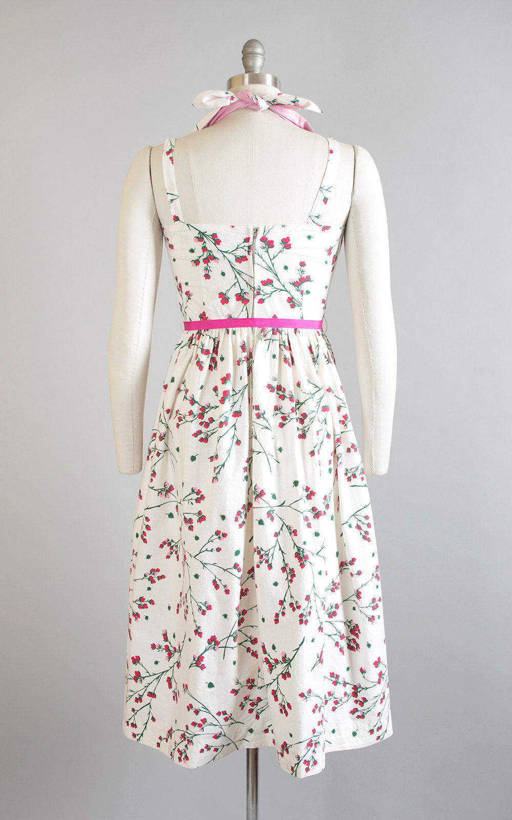 Vintage 1950s Dress | 50s Cherry Blossom Floral Print Cotton Sundress Criss Cross Halter White Pink Full Skirt Day Dress (small)