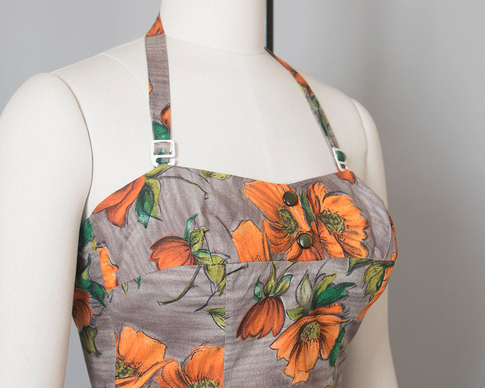 Vintage 1960s Swimsuit | 60s Poppy Floral Cotton Playsuit Halter Skirted Tankini Two Piece Bathing Suit (small)