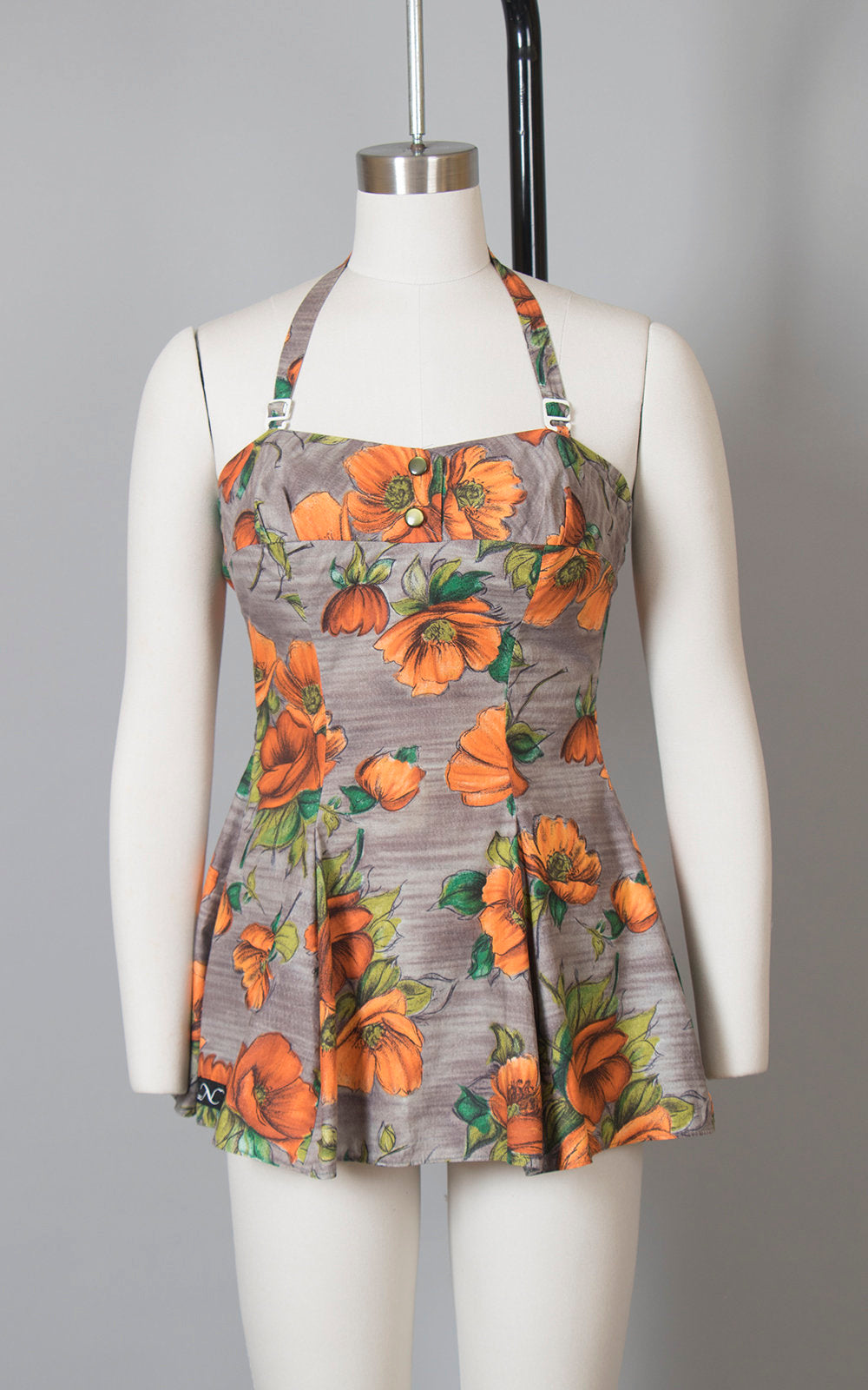 Vintage 1960s Swimsuit | 60s Poppy Floral Cotton Playsuit Halter Skirted Tankini Two Piece Bathing Suit (small)