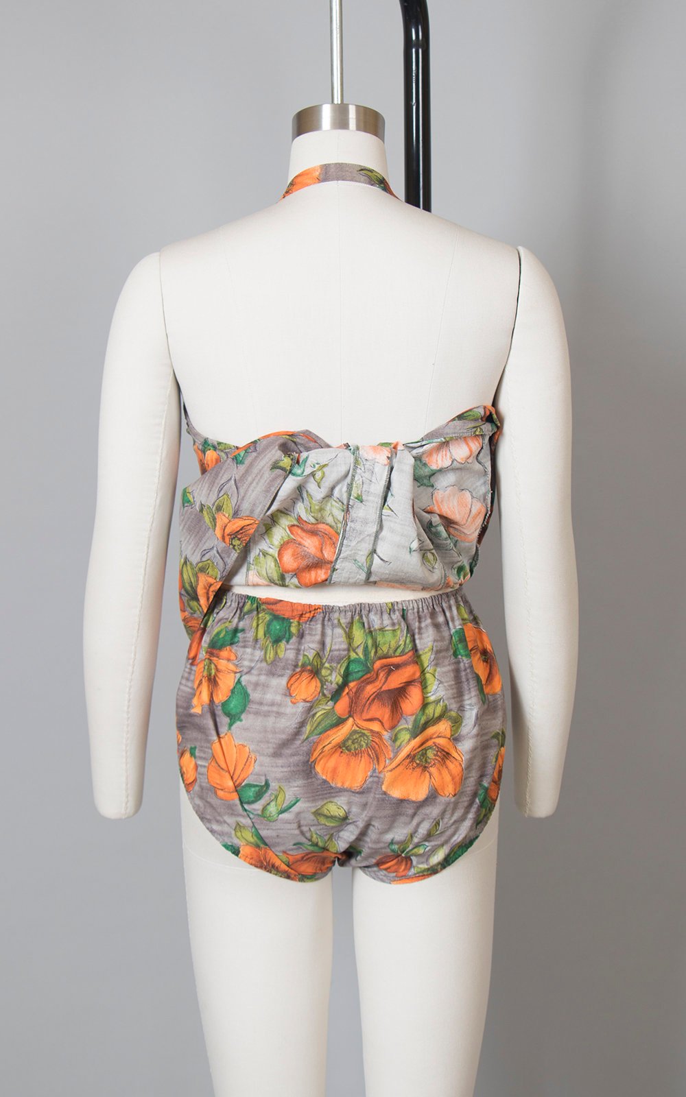 Vintage 1960s Swimsuit | 60s Poppy Floral Cotton Playsuit Halter Skirted Tankini Two Piece Bathing Suit (small)
