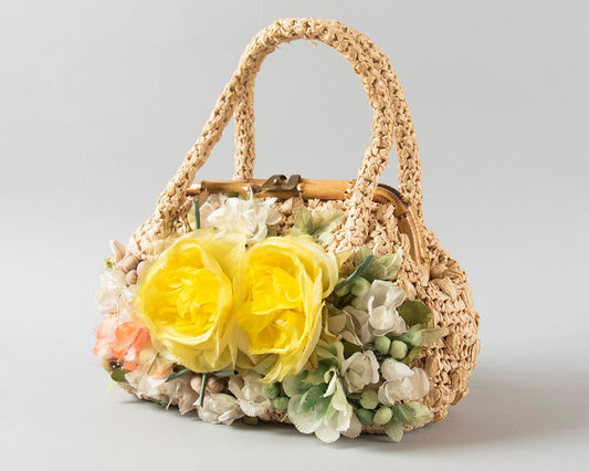 Vintage 1960s Purse | 60s Floral Woven Straw Handbag Bamboo 3D Flowers Doctors Bag