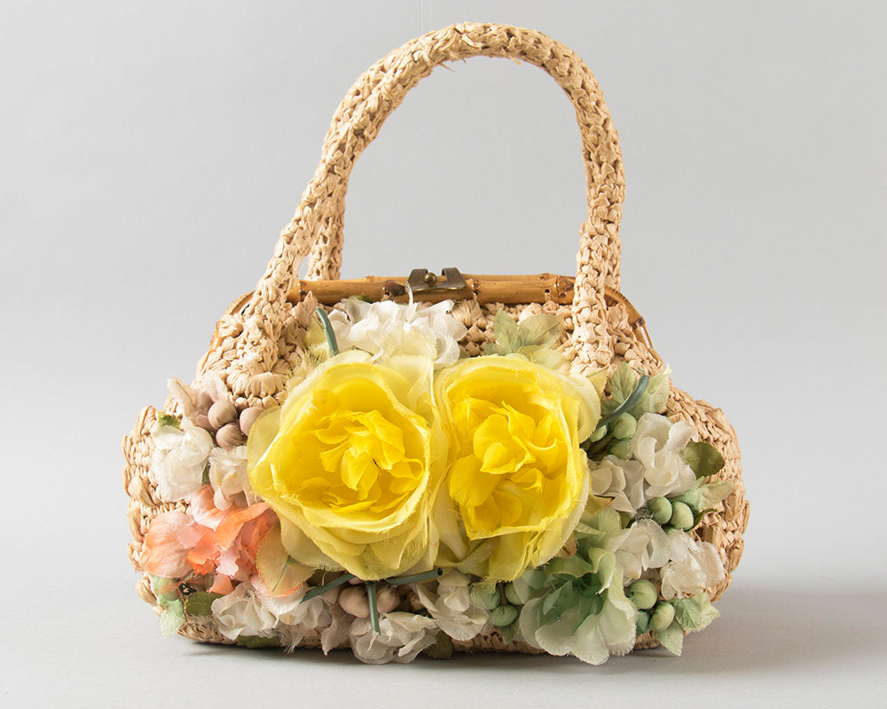 Vintage 1960s Purse | 60s Floral Woven Straw Handbag Bamboo 3D Flowers Doctors Bag